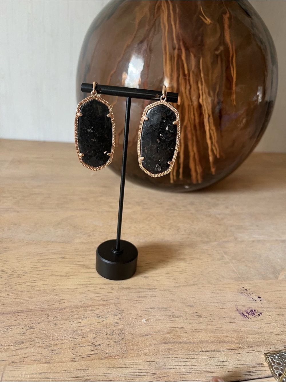 Kendra Scott Rose Gold Plated Black Druzy Drop Earrings